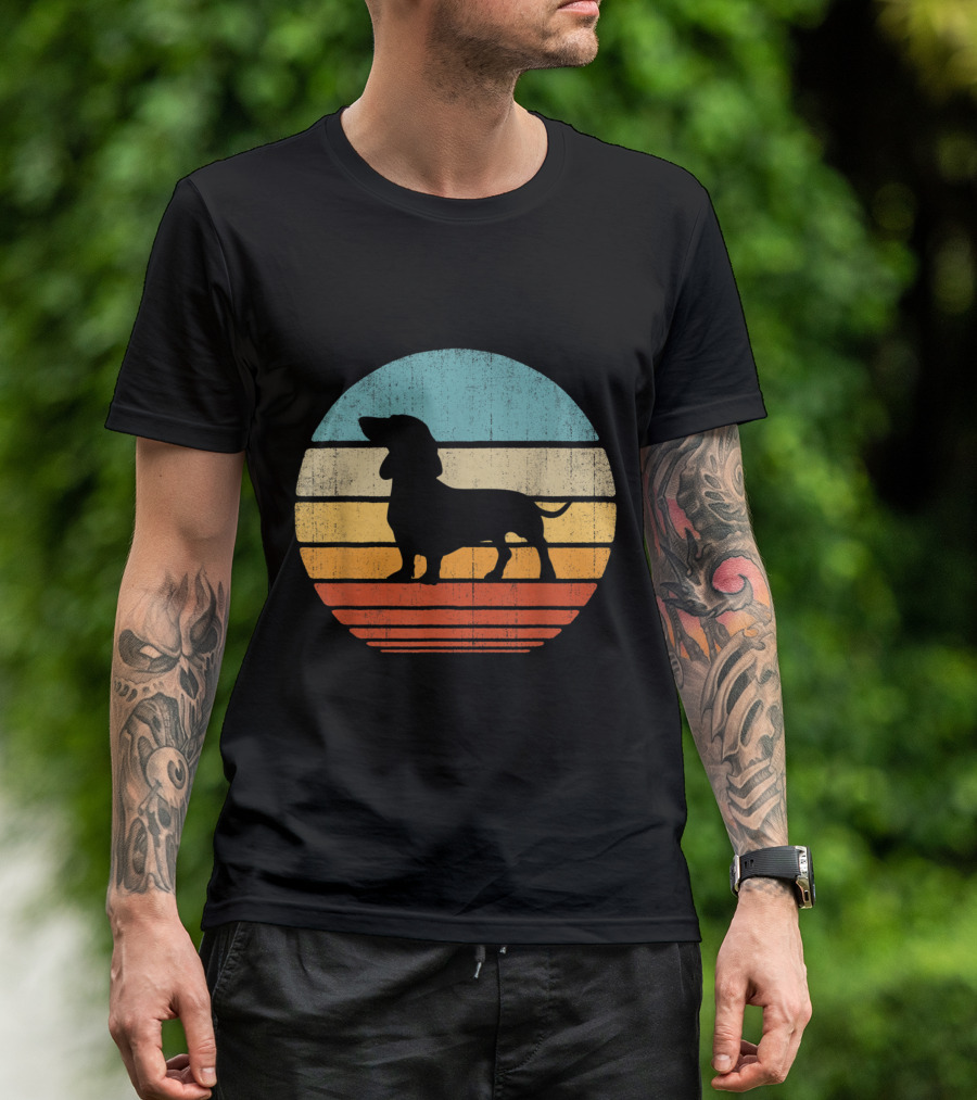 Dachshund Vintage Sunset 60s 70s Silhouette Retro Stripes T-Shirt