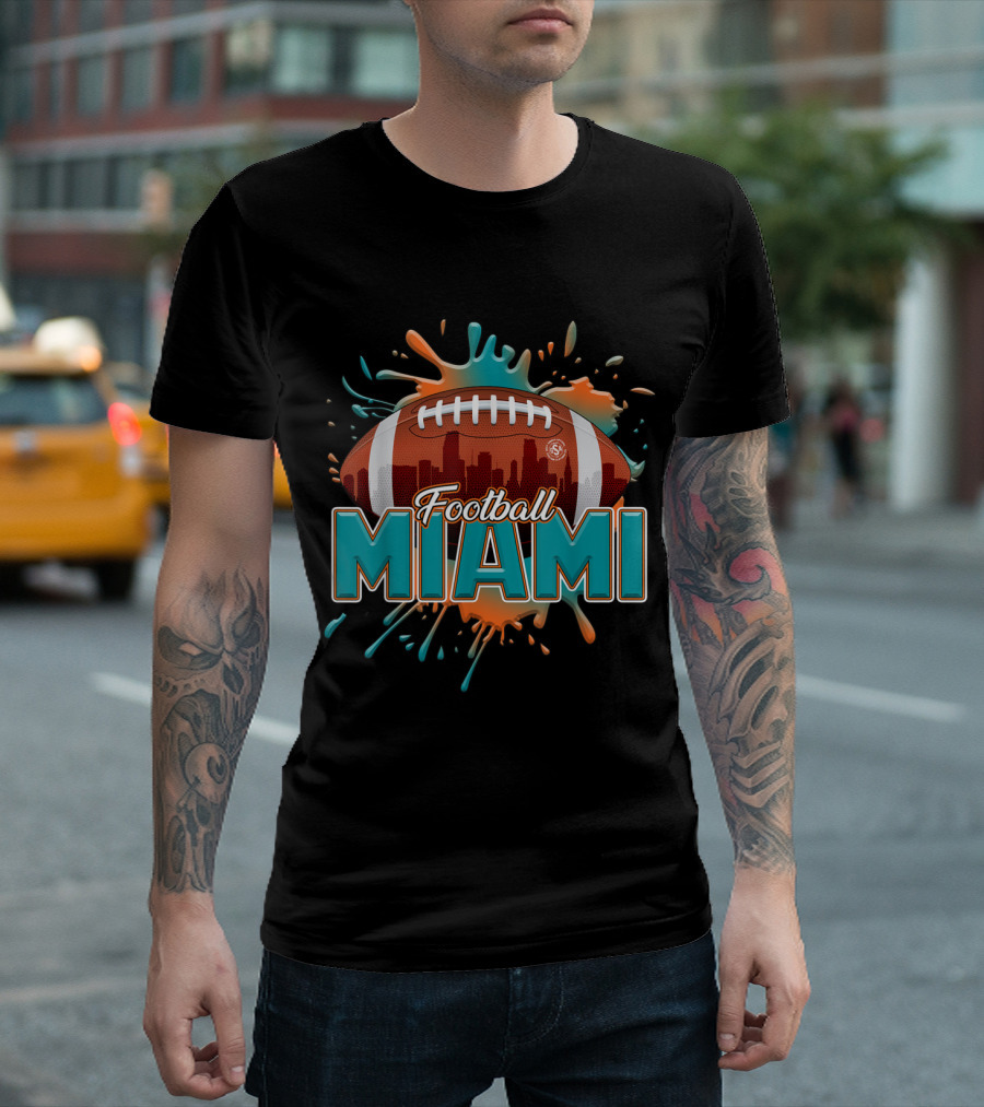 Miami Football Vintage Orange Aqua Splash Ball Graphics T-Shirt