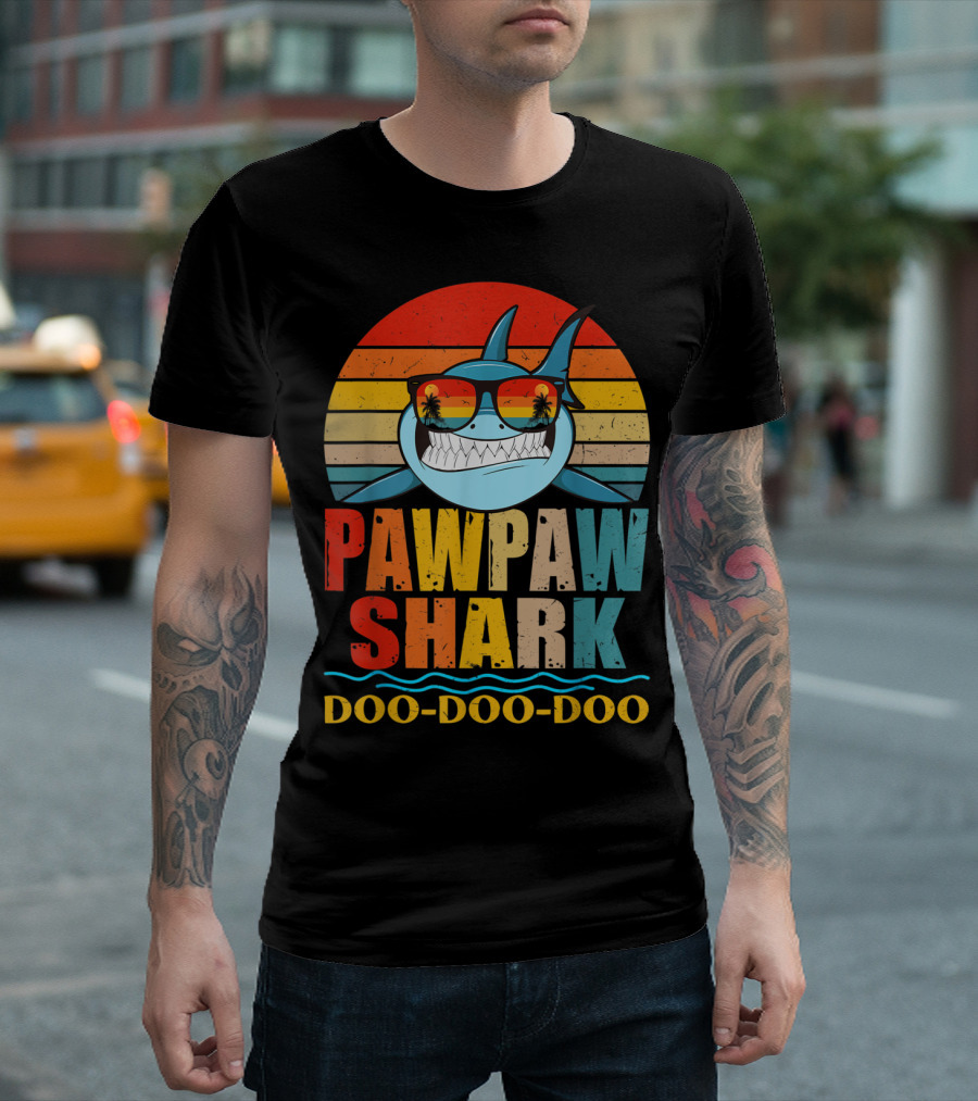Pawpaw Shark Doo Doo Doo Retro Vintage Sunglasses Sunset Stripes T-Shirt