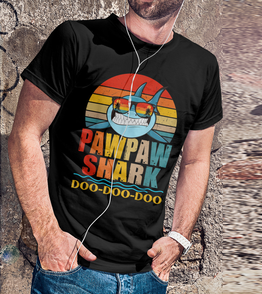 Pawpaw Shark Doo Doo Doo Retro Vintage Sunglasses Sunset Stripes T-Shirt