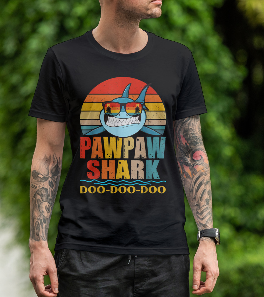 Pawpaw Shark Doo Doo Doo Retro Vintage Sunglasses Sunset Stripes T-Shirt