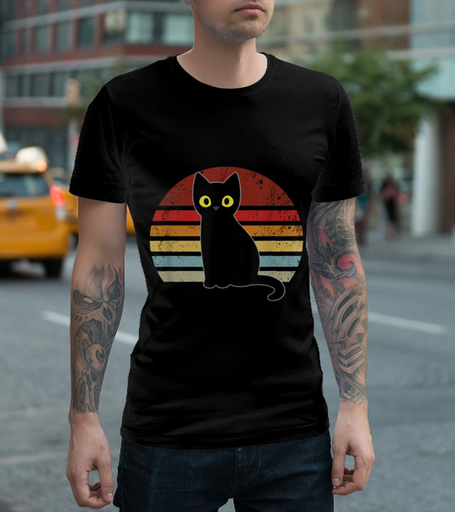 Vintage Black Cat Retro Sunset Funny Kitten T-Shirt