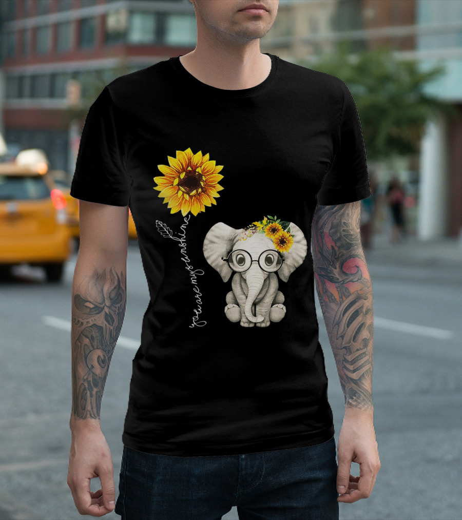 You Are My Sunshine Sunflower Elephant With Glasses And Hippie Floral Crown T-Shirt