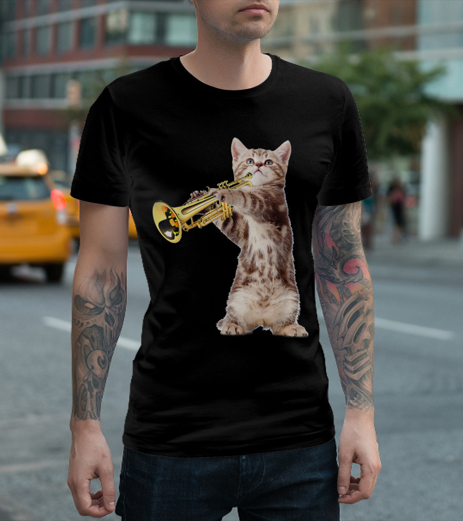 Vintage Cat Playing Trumpet for Birthday Christmas T-Shirt