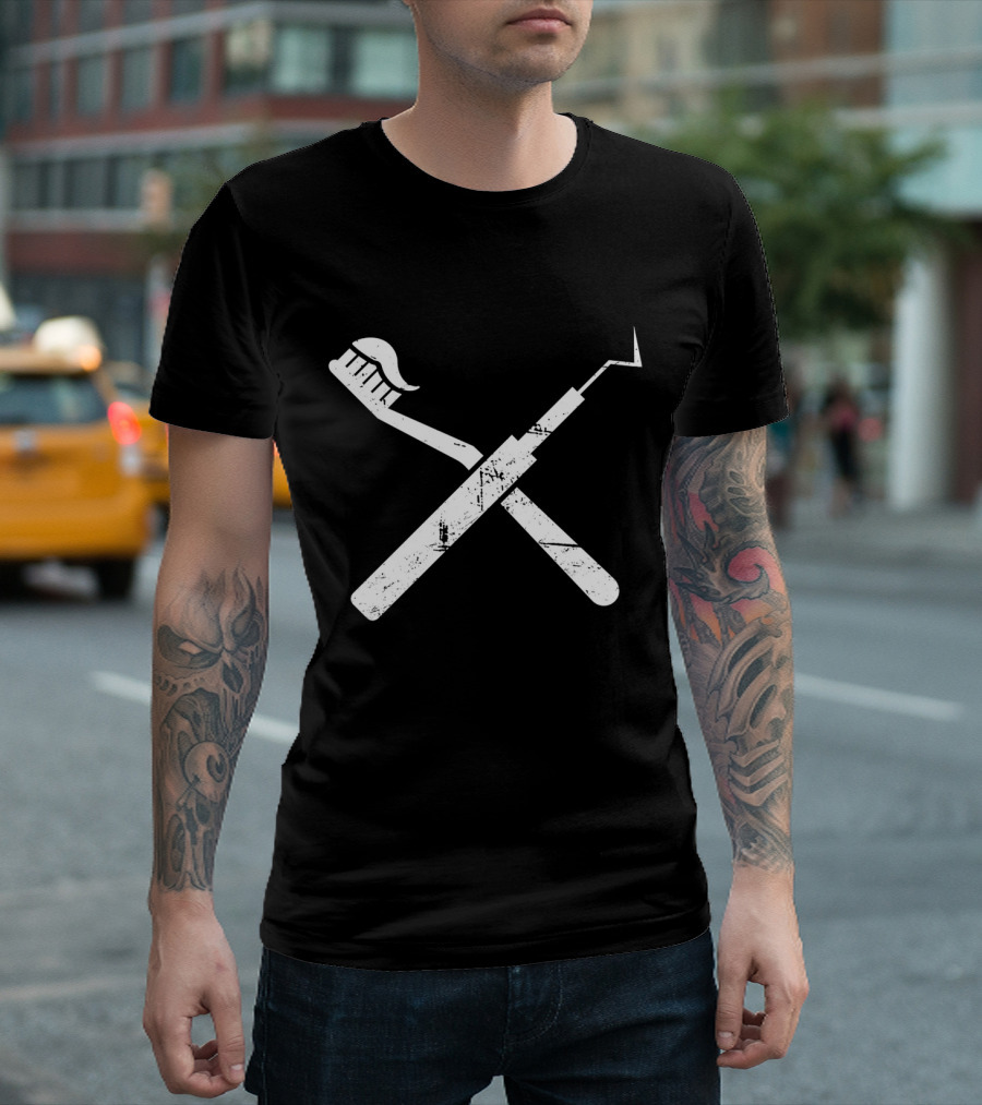 Distressed Crossed Toothbrush and Dental Pick T-Shirt