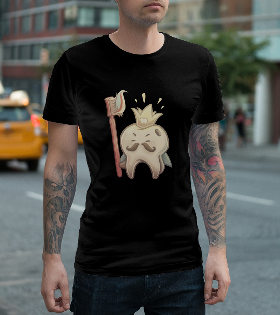 King Toof Toothbrush Crown Mustache Cartoon Character T-Shirt