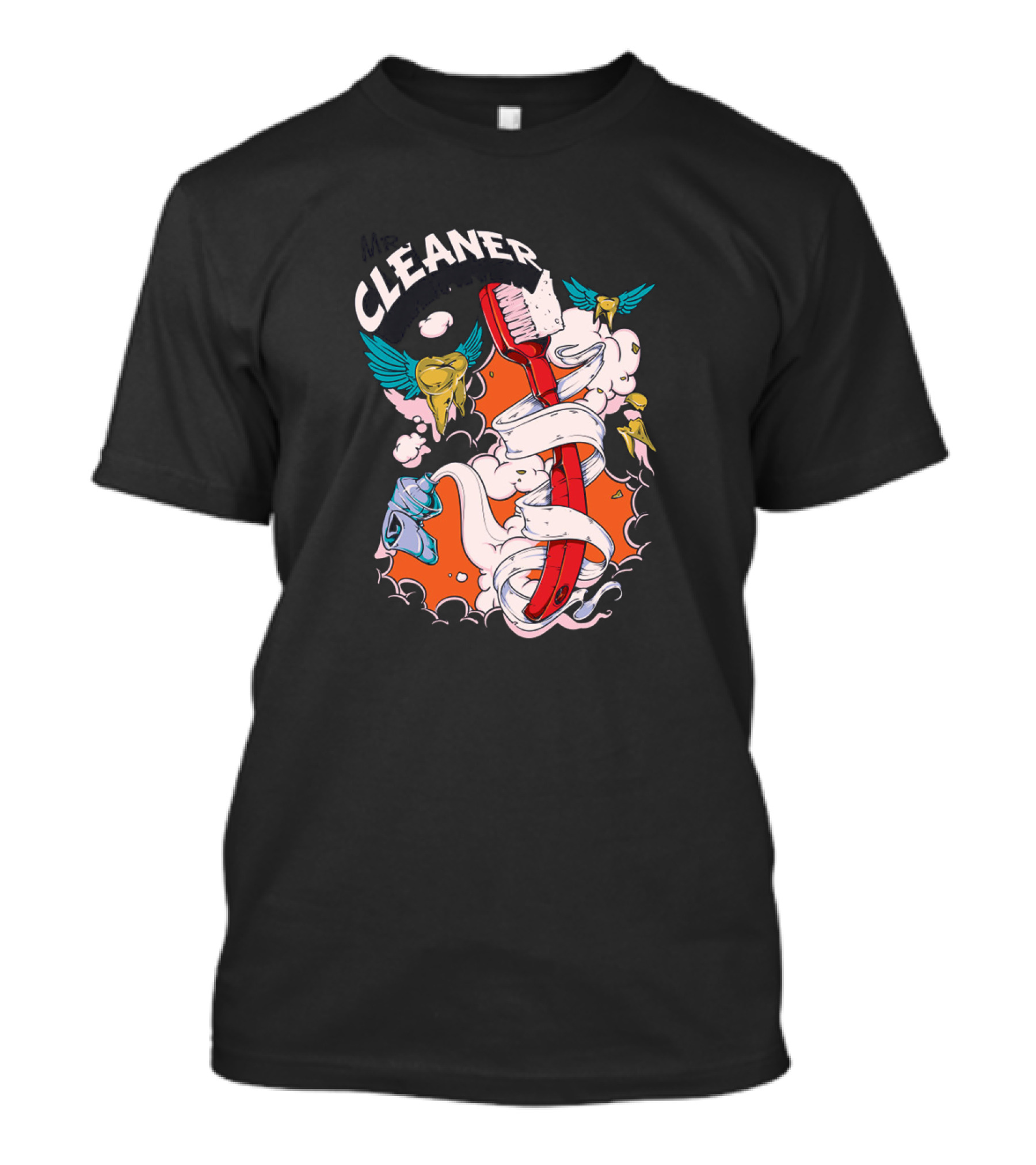 Mr. Cleaner Toothbrush With Winged Teeth And Clouds T-Shirt