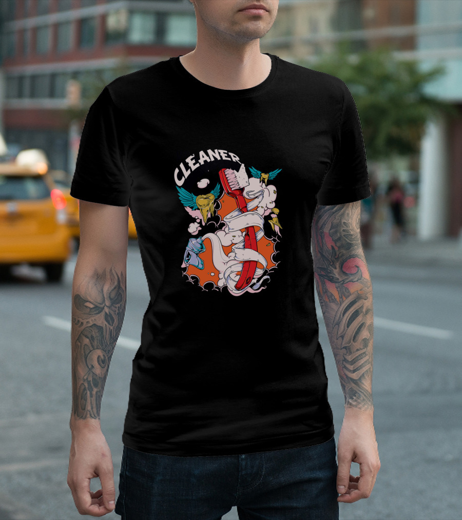 Mr. Cleaner Toothbrush With Winged Teeth And Clouds T-Shirt