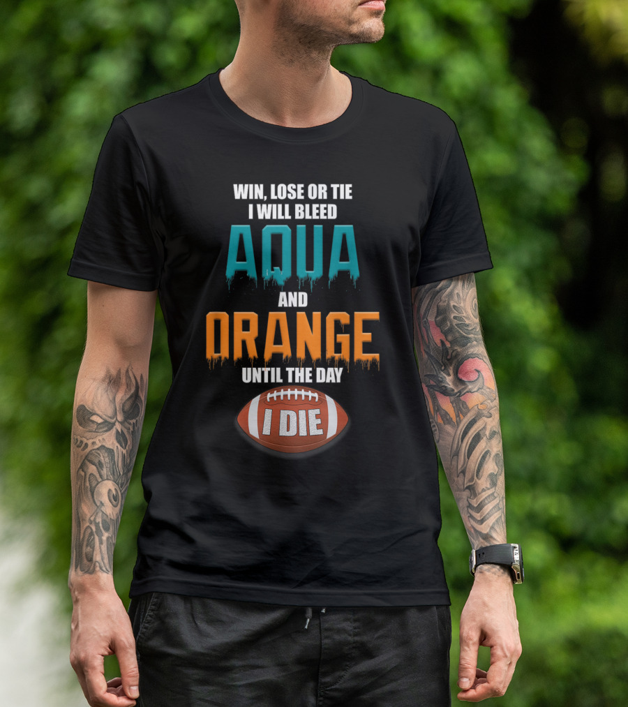 Gulf Shores Apparel Miami Football Win Lose Or Tie I Bleed Aqua And Orange Limited Ed T-Shirt