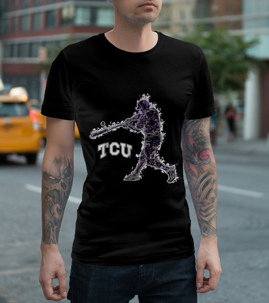 TCU Horned Frogs Baseball Player Silhouette with Flames T-Shirt
