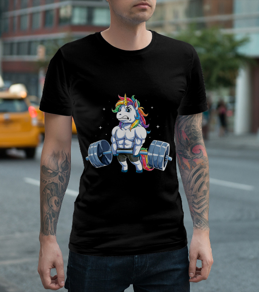 Unicorn Weightlifting Deadlift Fitness Gym Rainbow Muscles T-Shirt