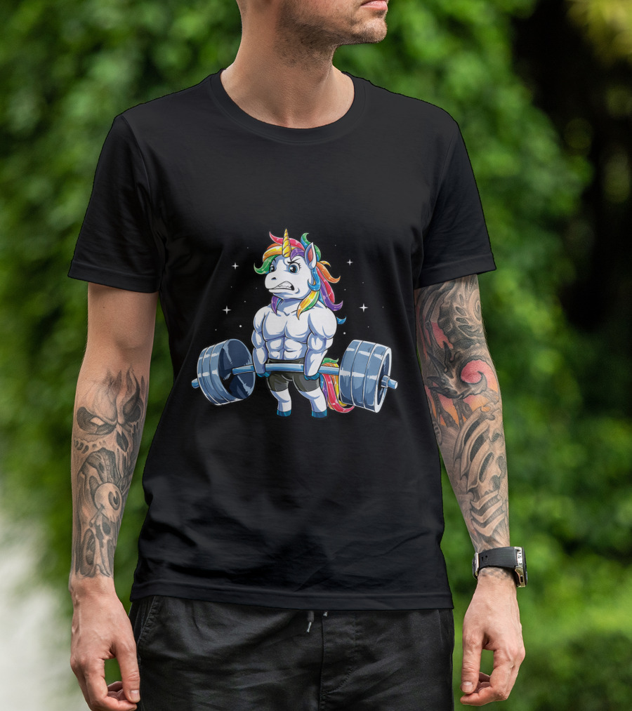 Unicorn Weightlifting Deadlift Fitness Gym Rainbow Muscles T-Shirt
