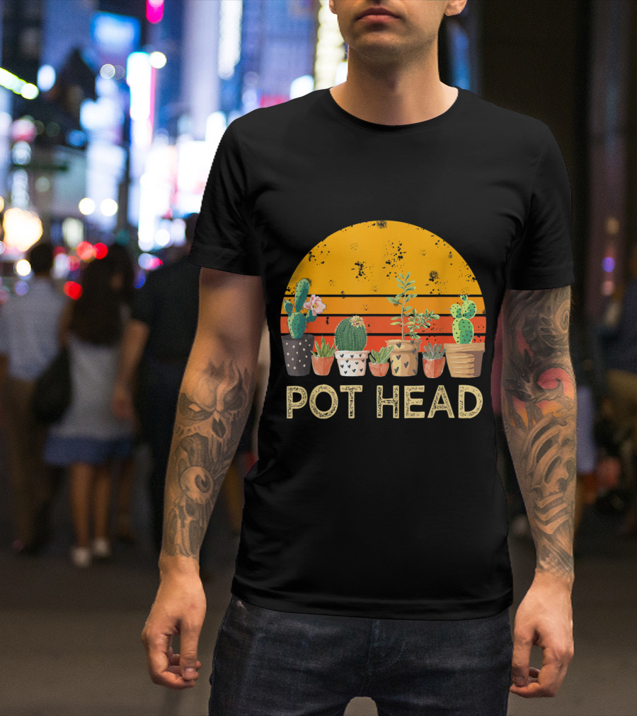 Pot Head Sunset With Potted Cactus And Succulents T-Shirt