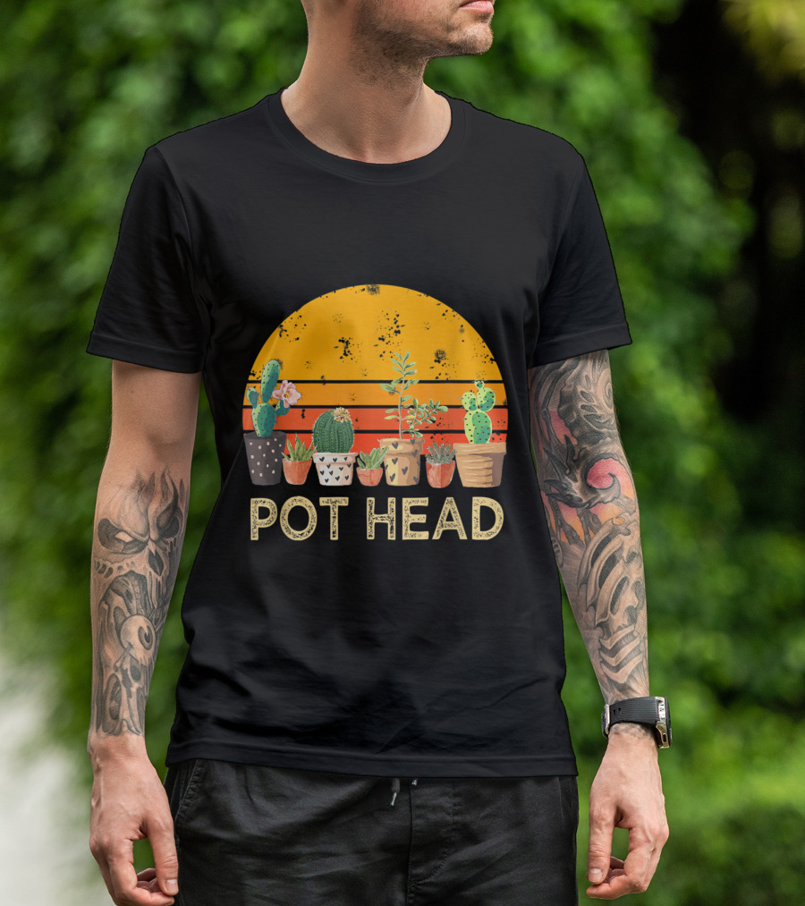 Pot Head Sunset With Potted Cactus And Succulents T-Shirt
