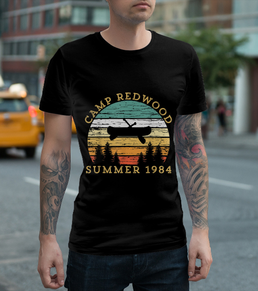 Camp Redwood Summer 1984 Retro Vintage Canoe Scene T-Shirt