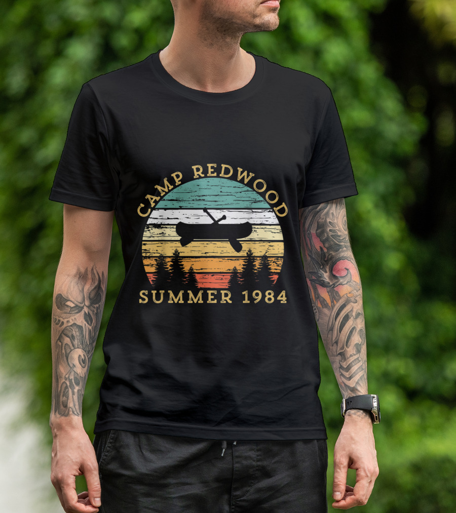 Camp Redwood Summer 1984 Retro Vintage Canoe Scene T-Shirt