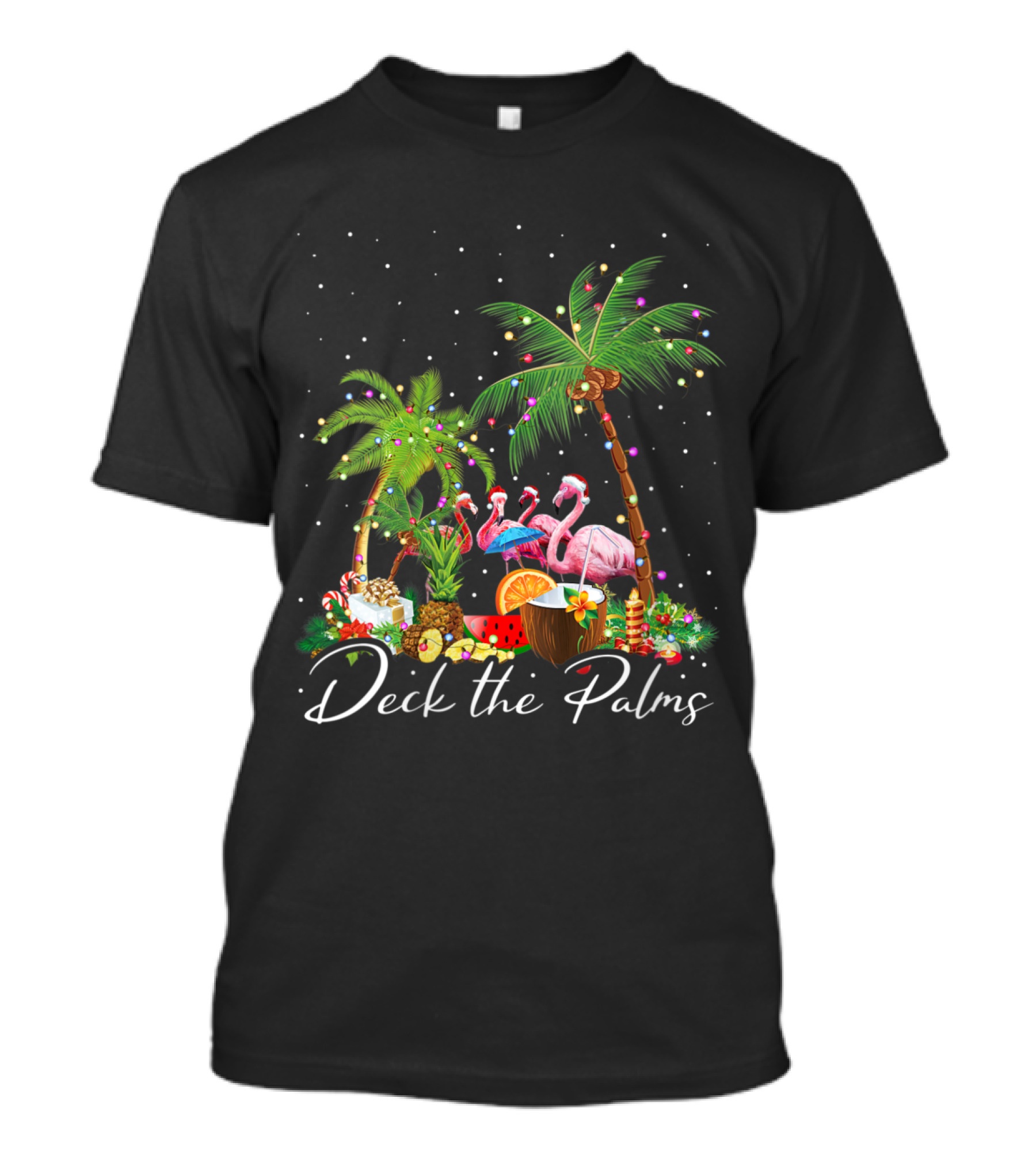 Deck The Palms Flamingo Christmas Tree Lights Holiday Tropical Scene T-Shirt