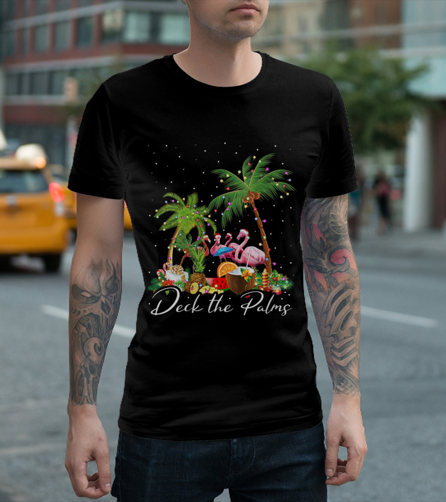 Deck The Palms Flamingo Christmas Tree Lights Holiday Tropical Scene T-Shirt