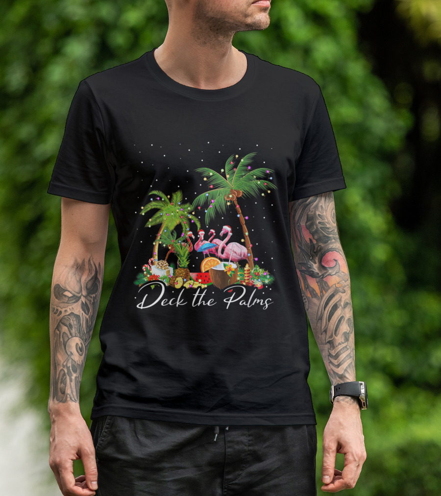 Deck The Palms Flamingo Christmas Tree Lights Holiday Tropical Scene T-Shirt