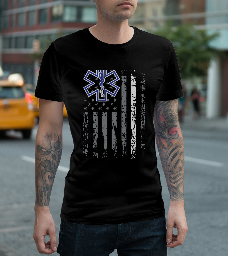Thin White Line American Flag With Star Of Life EMS EMT Paramedic T-Shirt