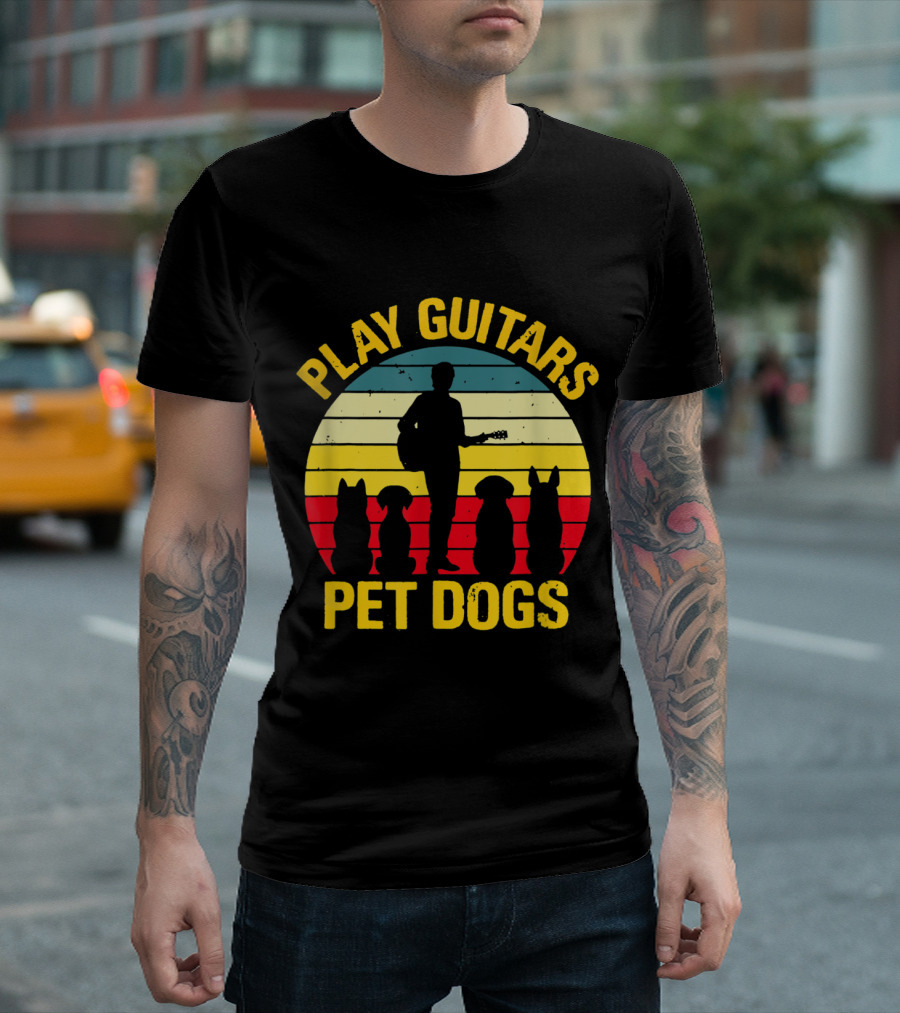 Play Guitars Pet Dogs Silhouette Sunset Funny For Dog Lovers T-Shirt