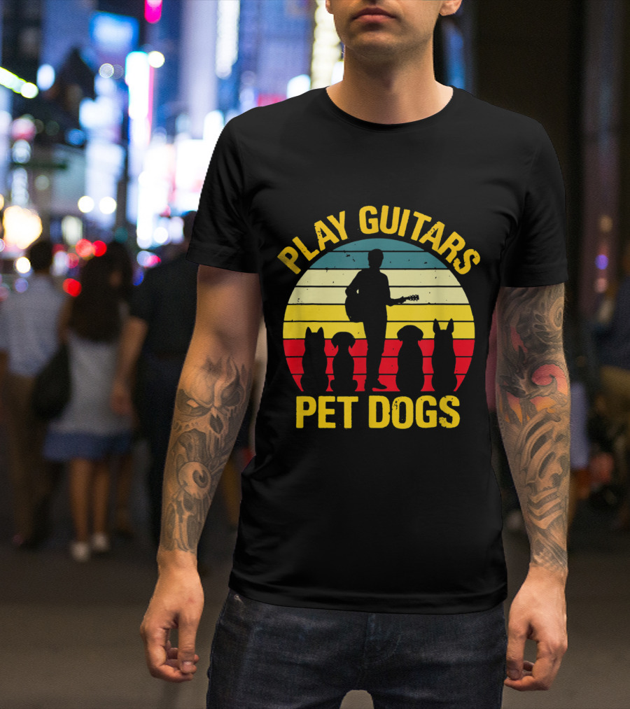 Play Guitars Pet Dogs Silhouette Sunset Funny For Dog Lovers T-Shirt