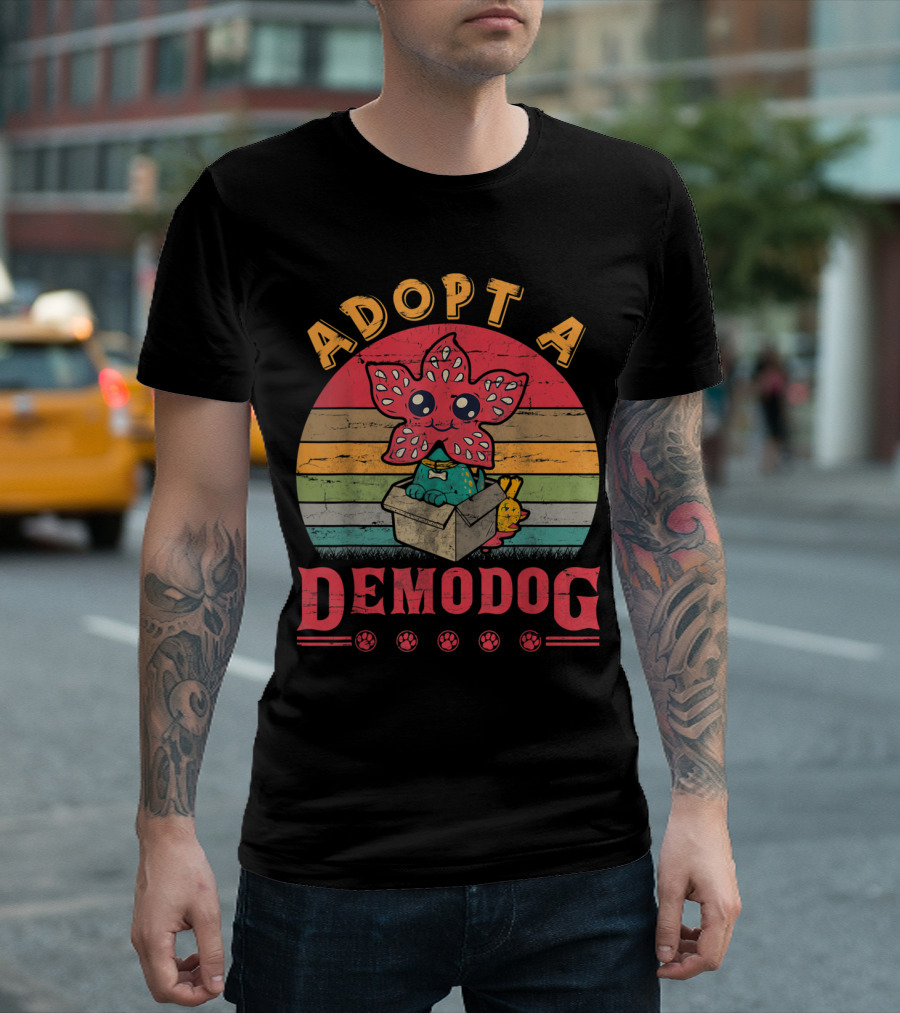 Adopt A Demodog Funny Dog Lovers Cute Creature in Box Retro Stripes T-Shirt