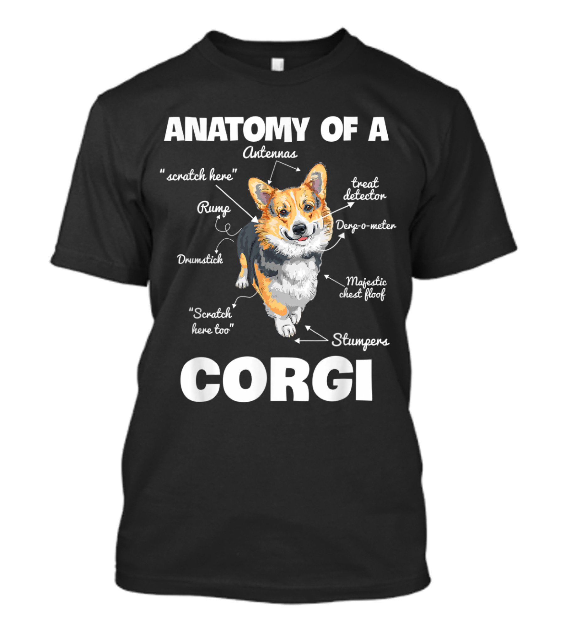 Anatomy Of A Corgi: Antennas Scratch Here Treat Detector Derpo-Meter Majestic Chest Floof Rump Drumstick Scratch Here Too Stumpers T-Shirt