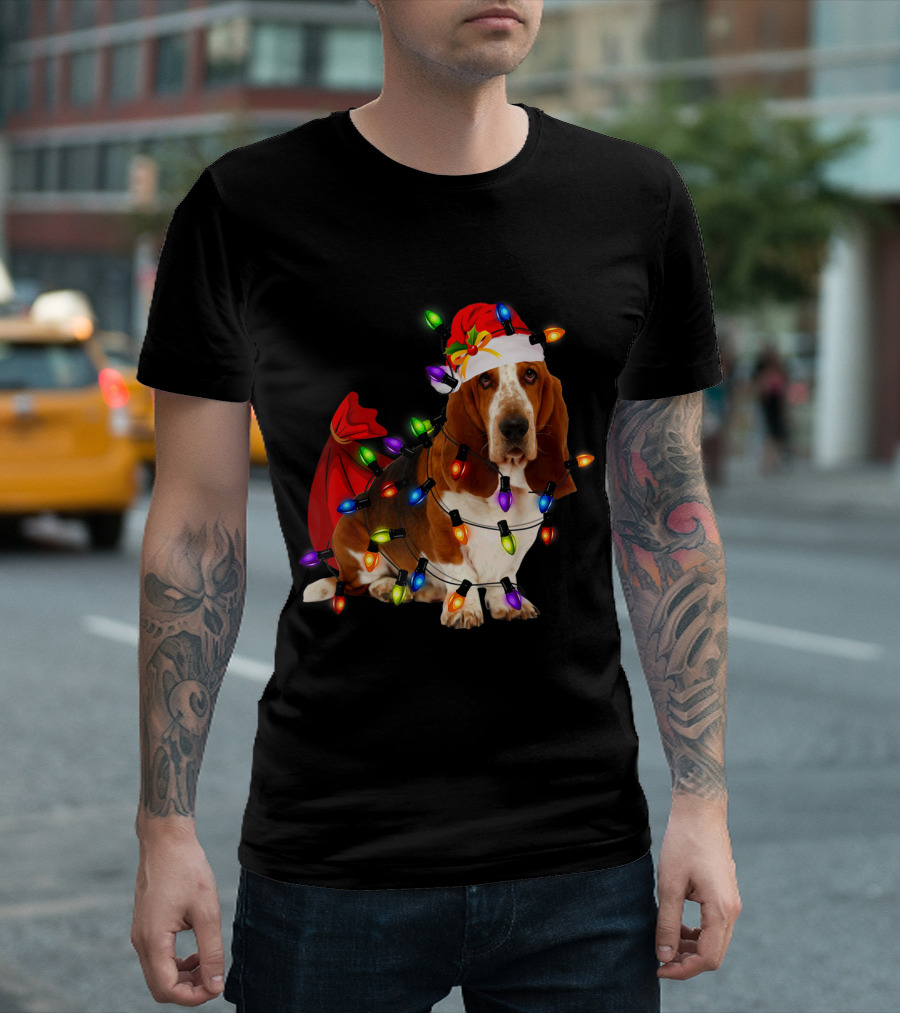 Basset Hound Christmas Santa in String Lights with Red Gift Bag and Santa Hat T-Shirt