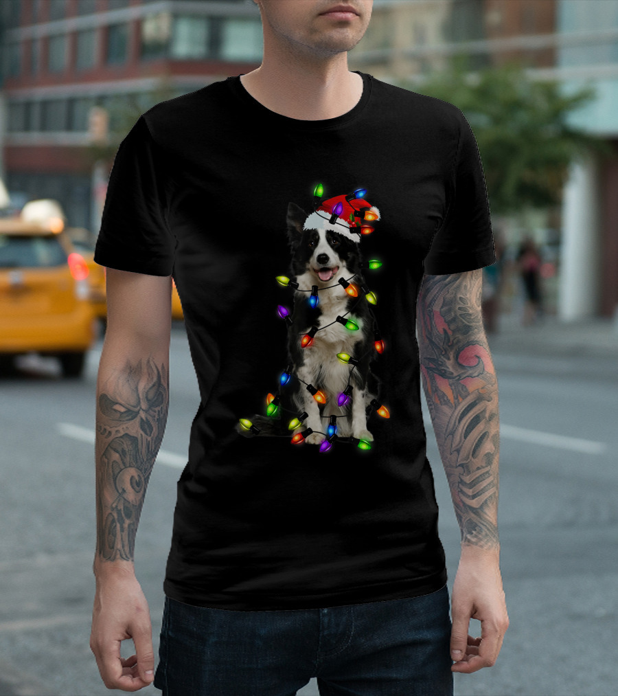 Border Collie Wrapped in Christmas Lights with Santa Hat T-Shirt