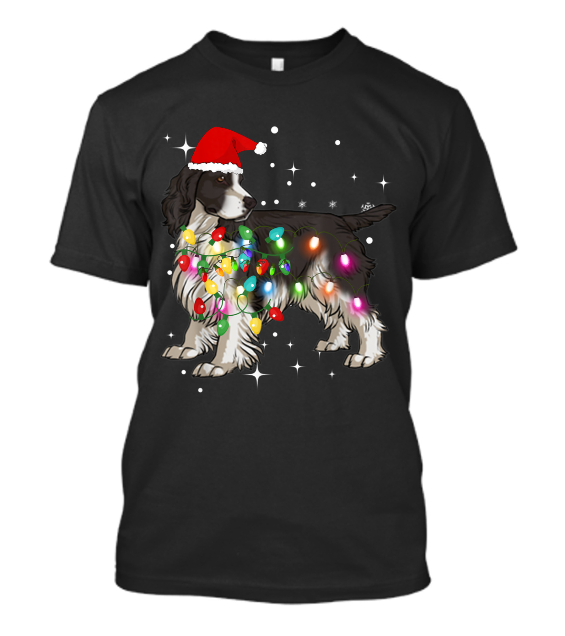 English Springer Spaniel In Christmas Lights Wearing Santa Hat T-Shirt