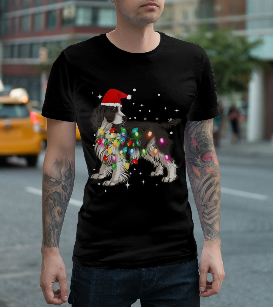 English Springer Spaniel In Christmas Lights Wearing Santa Hat T-Shirt