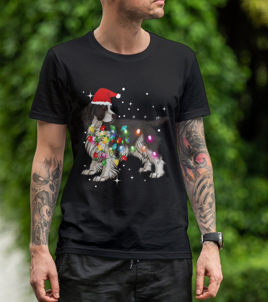 English Springer Spaniel In Christmas Lights Wearing Santa Hat T-Shirt