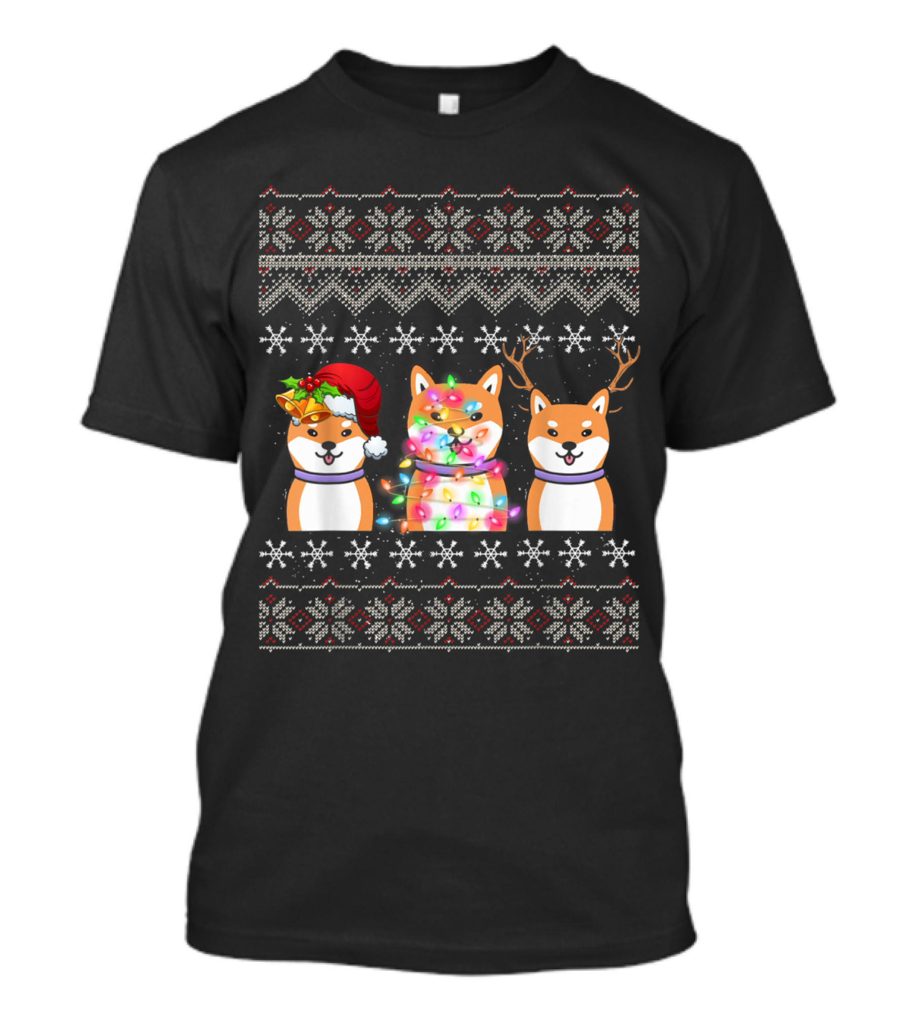 Christmas Shiba Inu Santa Hat Reindeer Antlers Festive Lights Trio T-Shirt