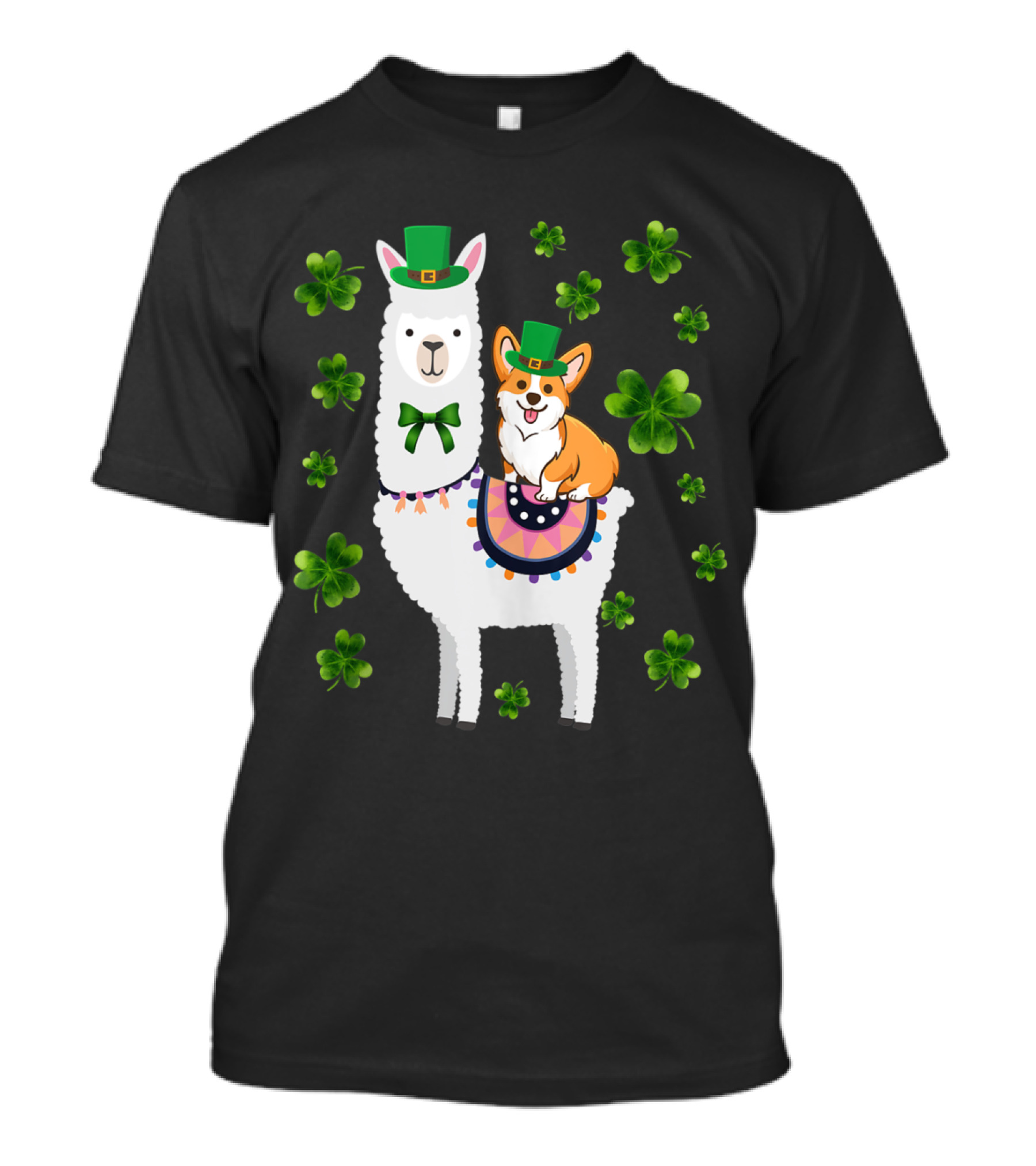 Corgi On Llama With Leprechaun Hat And Shamrocks T-Shirt