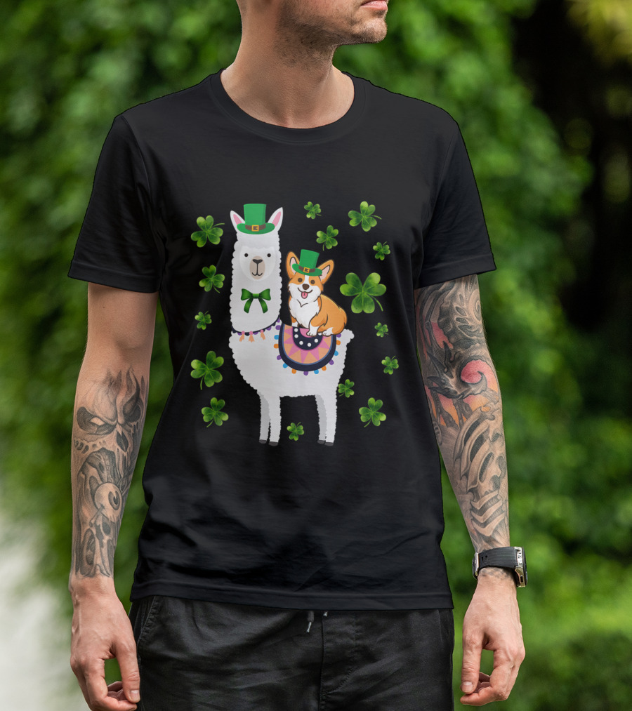 Corgi On Llama With Leprechaun Hat And Shamrocks T-Shirt