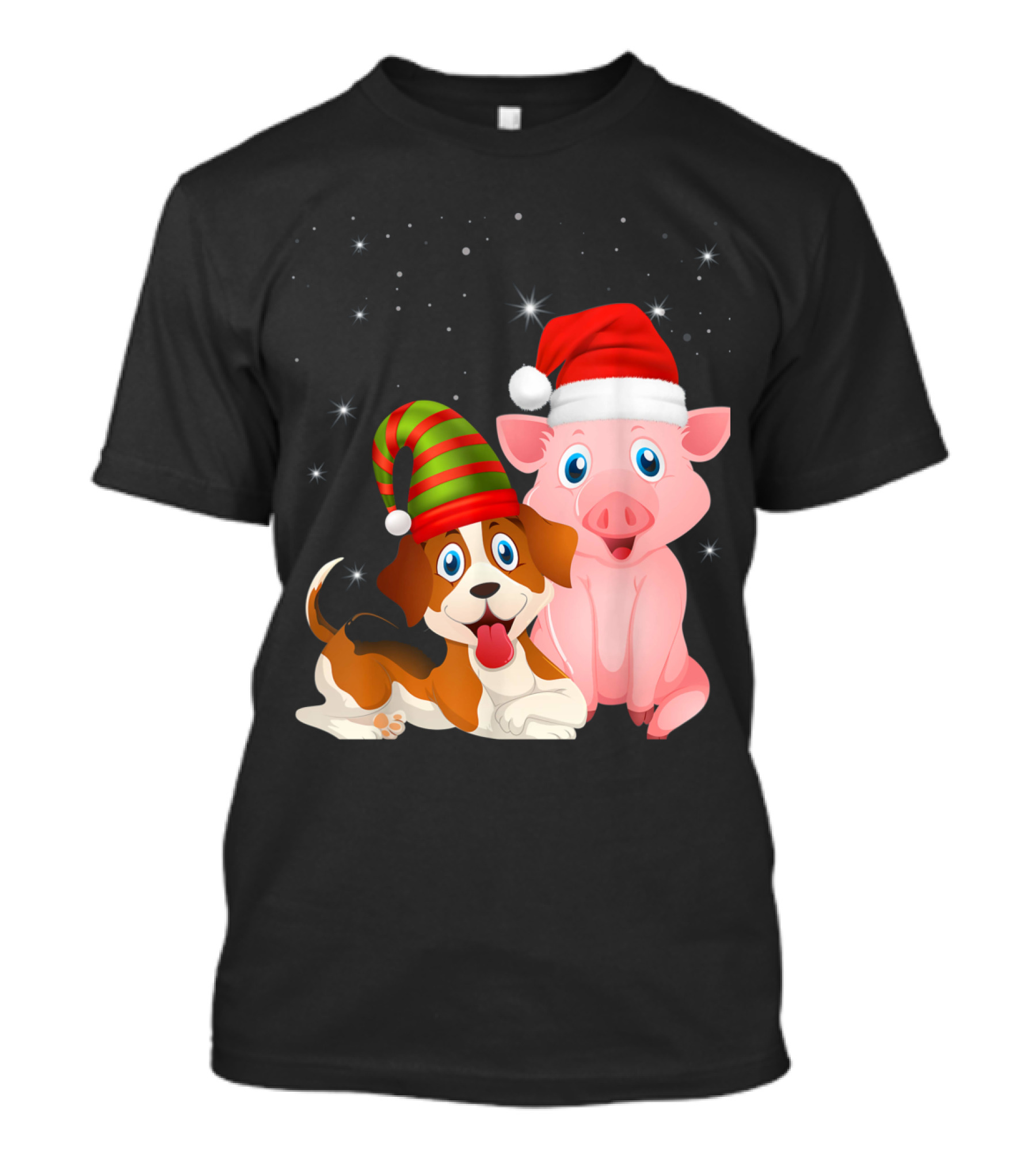 Christmas Dog And Pig In Santa Hats With Stars T-Shirt