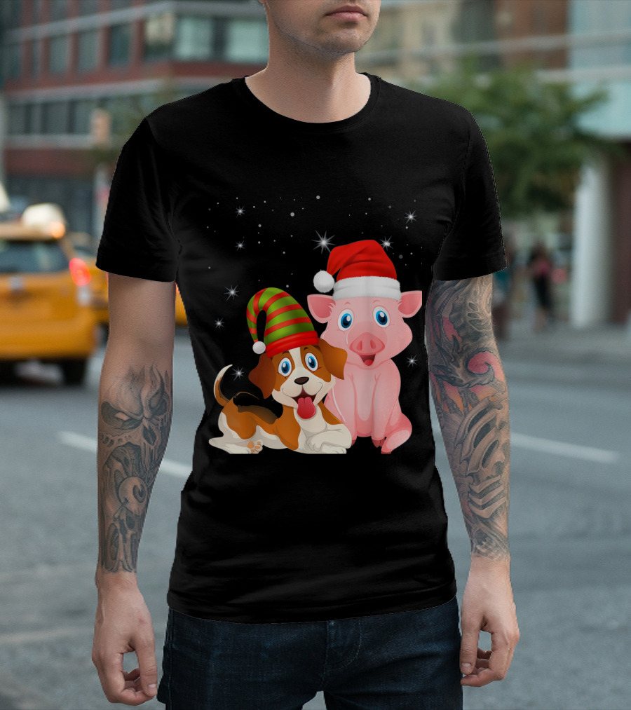 Christmas Dog and Pig in Santa Hats with Stars T-Shirt