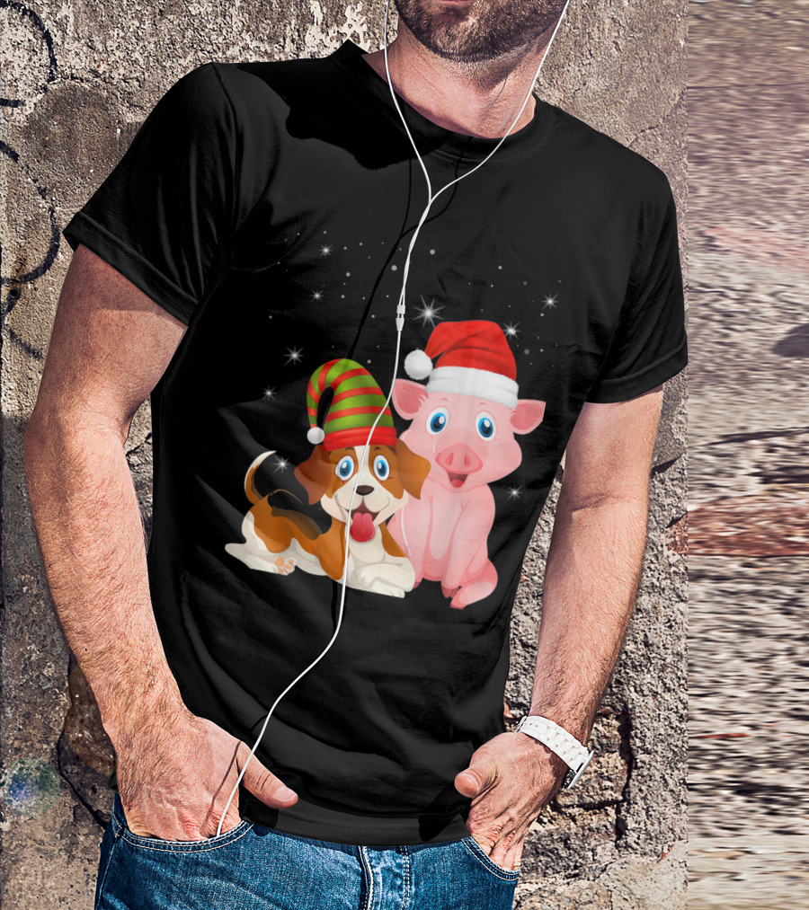 Christmas Dog And Pig In Santa Hats With Stars T-Shirt