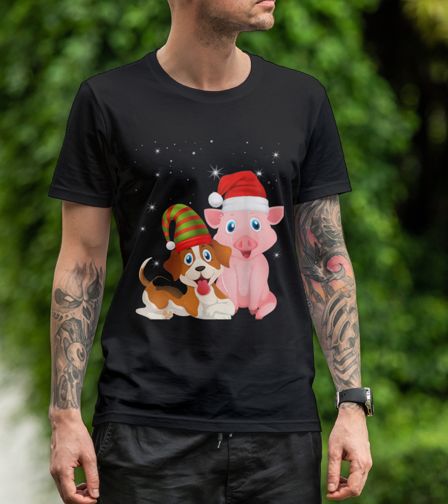Christmas Dog And Pig In Santa Hats With Stars T-Shirt