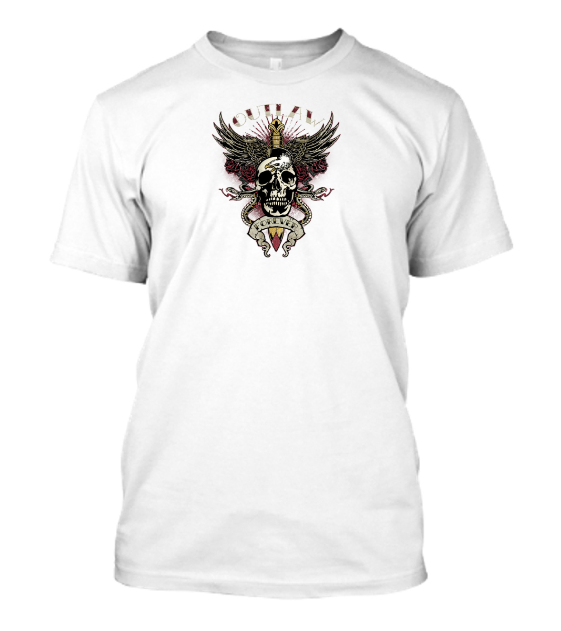 Outlaw Forever Skull With Wings And Sword Emblem T-Shirt