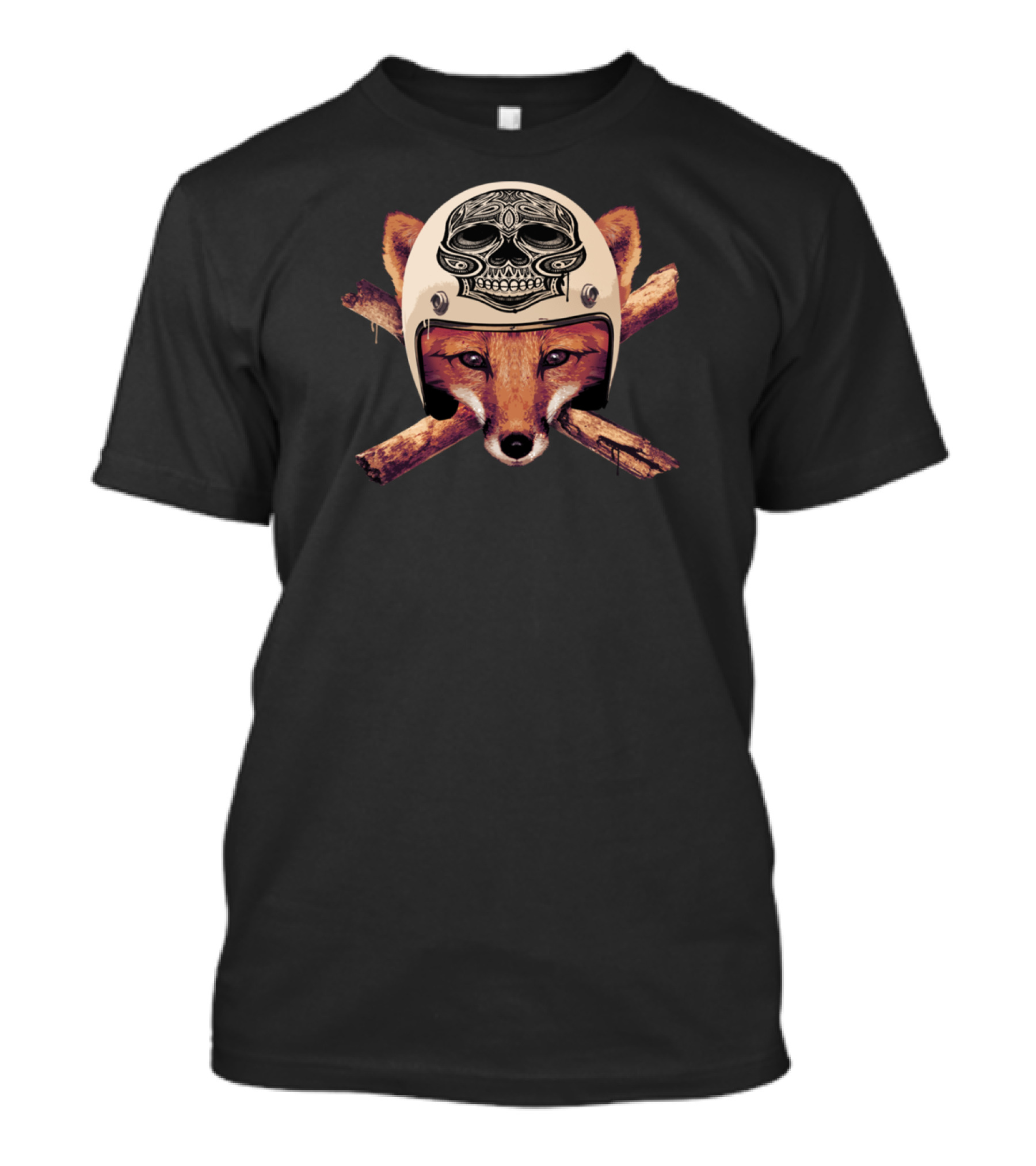 Fox With Skull-Emblazoned Biker Helmet And Crossed Logs T-Shirt