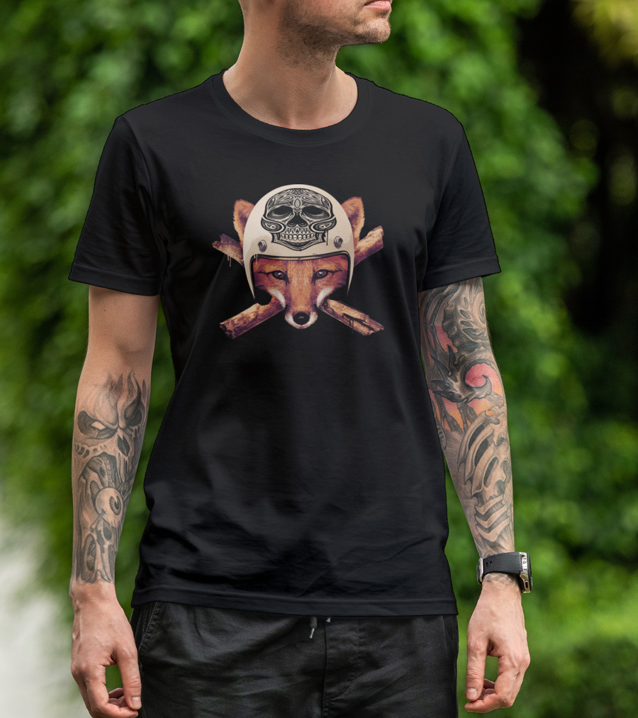 Fox With Skull-Emblazoned Biker Helmet And Crossed Logs T-Shirt