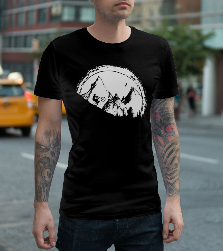 Mountain Bike Adventure Under the Full Moon with Silhouette of Rider and Mountain Peaks T-Shirt