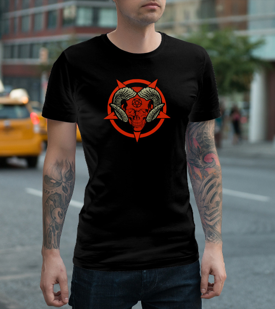 Satanic Skull With Pentagram And Horns T-Shirt