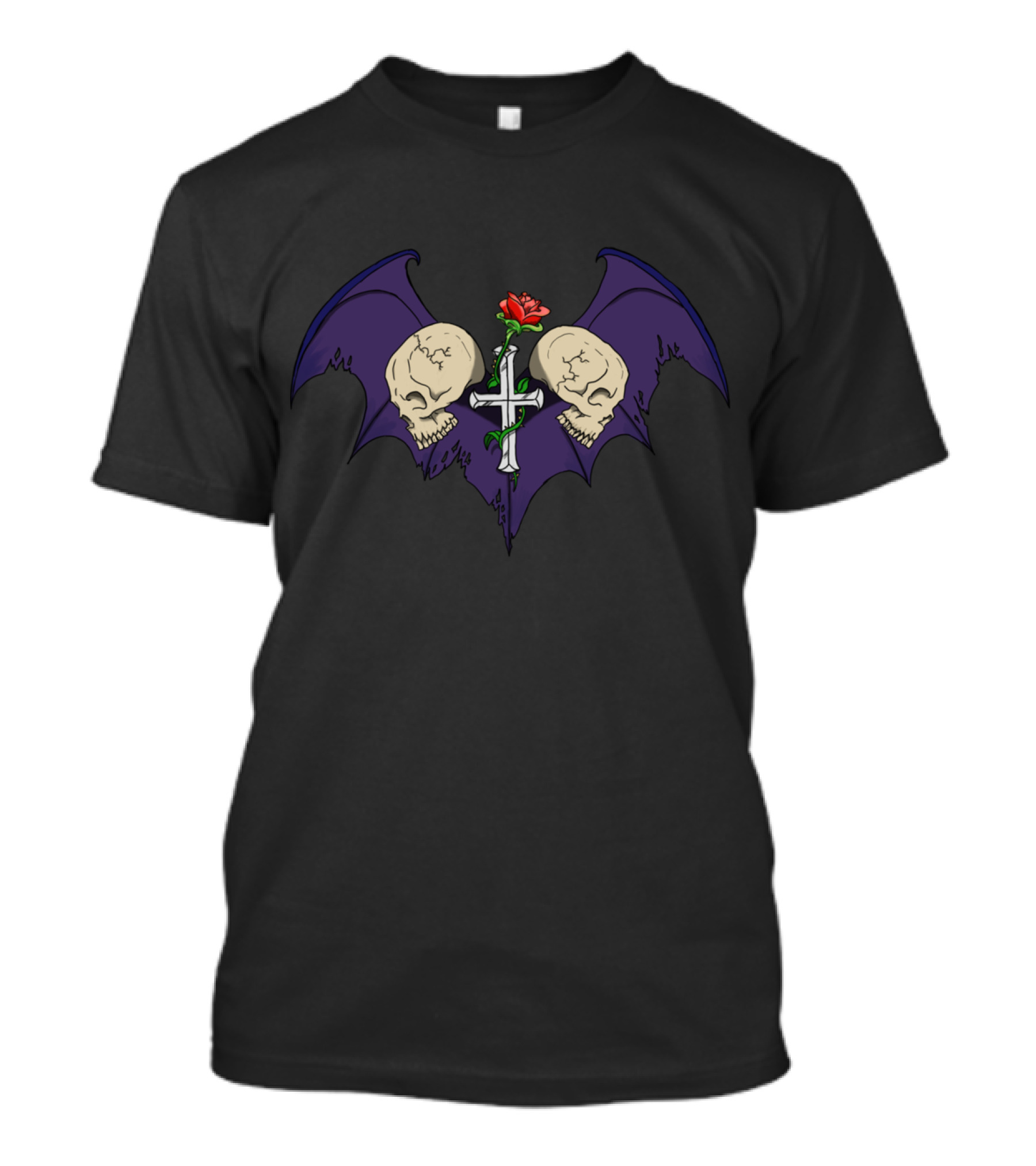 Skull Wing Cross With Purple Bat Wings And Red Rose T-Shirt