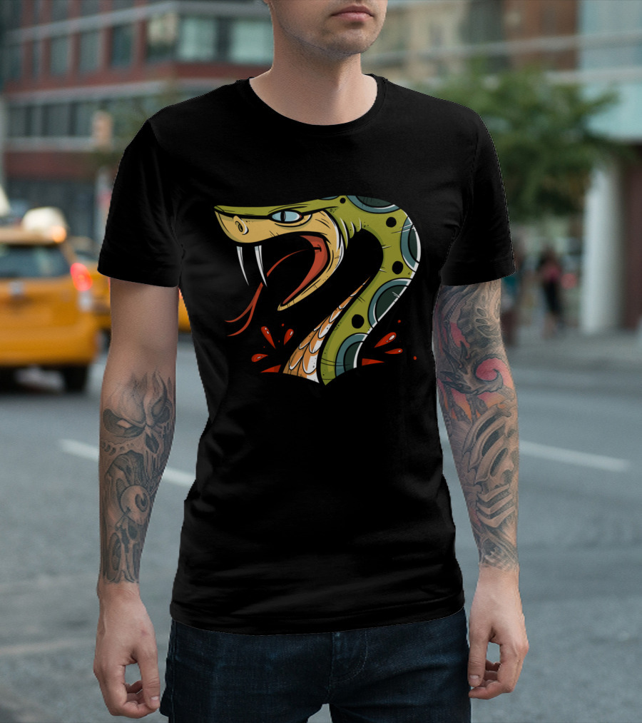 Traditional Snake Tattoo Illustration Venomous Fangs And Red Splash T-Shirt