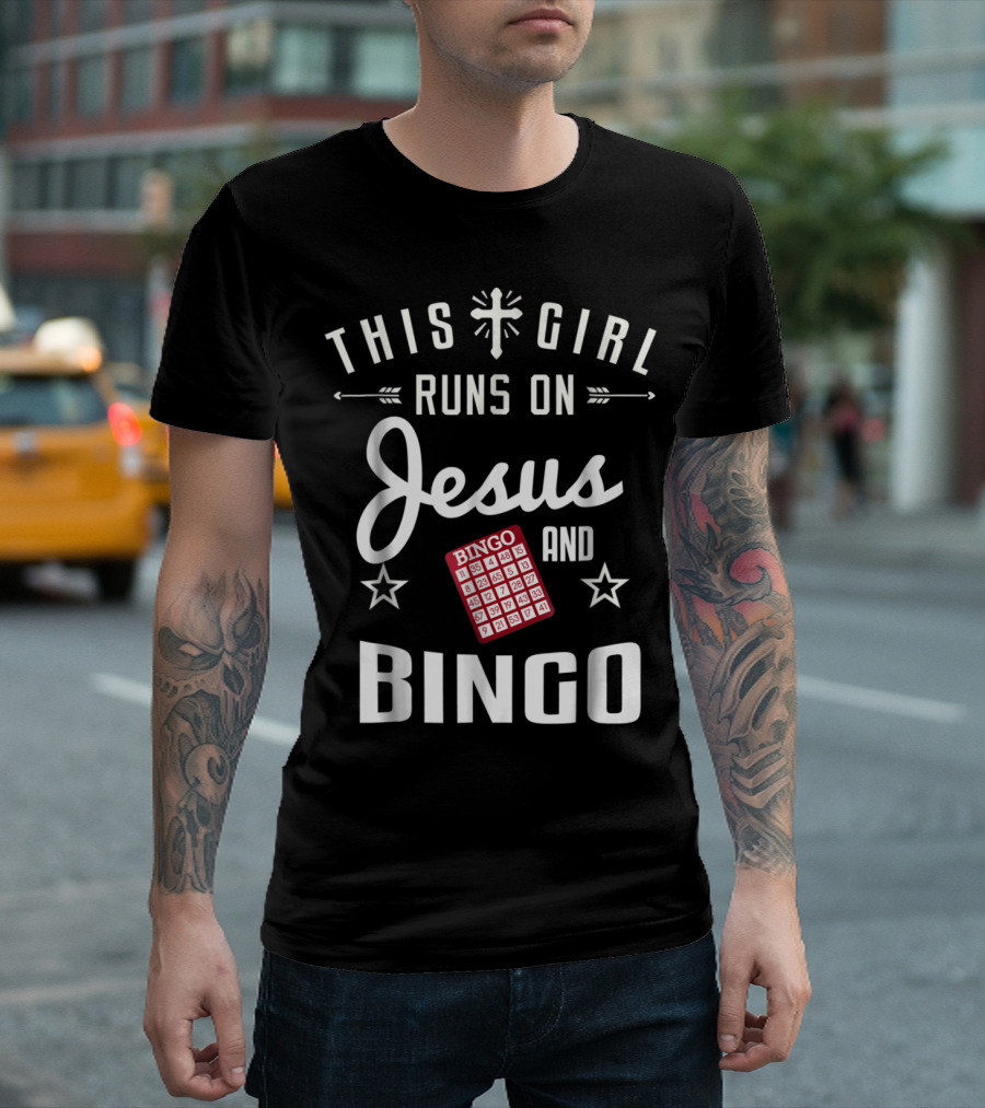 This Girl Runs on Jesus and Bingo with Bingo Card and Stars T-Shirt