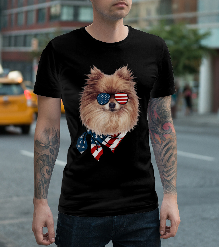 Pomeranian Wearing American Flag Sunglasses and Bandana Patriotic 4th of July T-Shirt