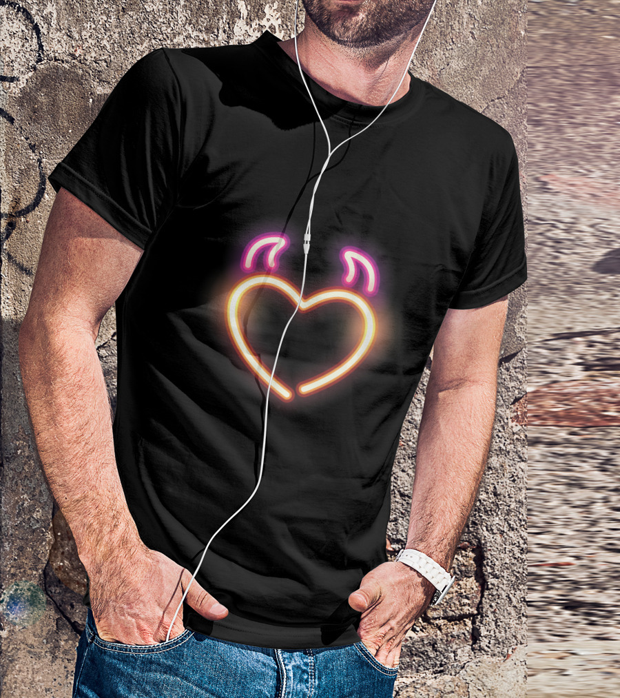 Funny Valentines Day Neon Devil Horns Glowing Heart T-Shirt